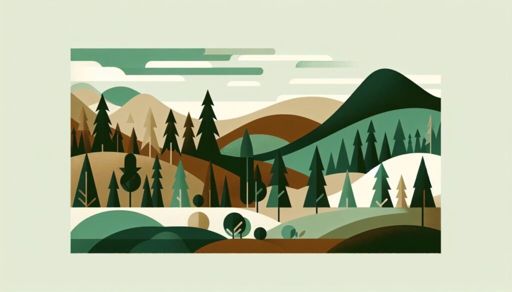 Paysage forestier stylisé avec collines boisées