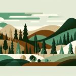 Paysage forestier stylisé avec collines boisées