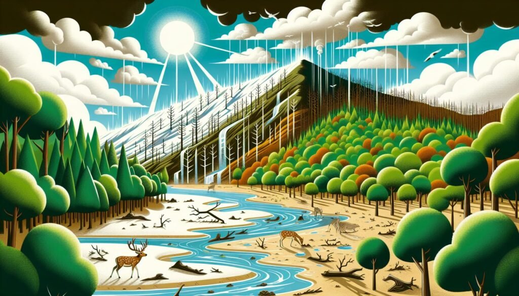 Forêt partiellement dépérie contrastant avec une forêt saine