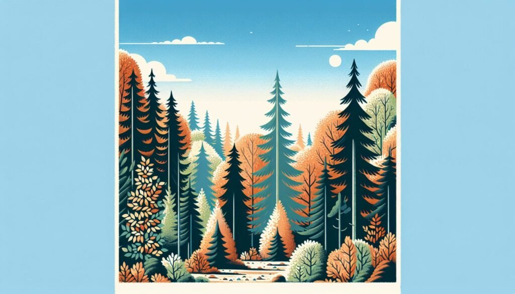 Forêt de conifères et de feuillus aux couleurs d'automne